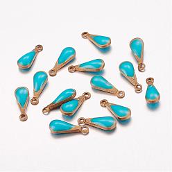 Medium Turquoise Antique Golden Plated Brass Enamel Teardrop Charms, Enamelled Sequins, Medium Turquoise, 11x4x3mm, Hole: 1mm