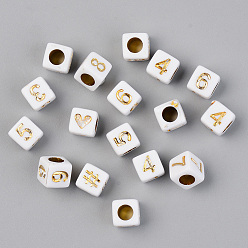 Golden Plated Vacuum Plating Acrylic Beads, Opaque, Cube with Number, White, Golden Plated, 6x6x6mm, Hole: 3.5mm, 2900pcs/500g