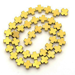 Golden Plated Electroplate Non-magnetic Synthetic Hematite Greek Cross Beads Strands, Golden Plated, 10x10x4mm, Hole: 1mm, about 39pcs/strand, 15.5 inch
