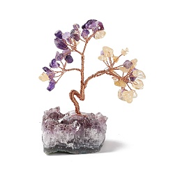 Yellow Quartz Natural Yellow Quartz & Amethyst Tree Display Decoration, Druzy Amethyst Base Feng Shui Ornament for Wealth, Luck, Rose Gold Brass Wires Wrapped, 45~52x69~75x93~107mm