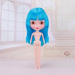 Deep Sky Blue Plastic Movable Joints Action Figure Body, with Head & Bang Straight Hairstyle, for Female BJD Doll Accessories Marking, Deep Sky Blue, 310mm