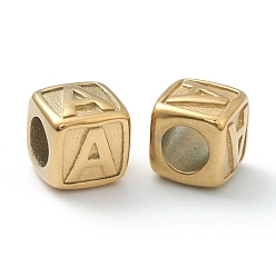 Letter A 304 acier inoxydable perles européennes, Perles avec un grand trou   , trou horizontal, cube avec la lettre, or, letter.a, 8x8x8mm, Trou: 4mm
