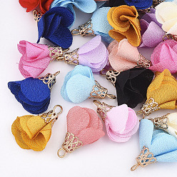 Mixed Color Cloth Pendants, with Iron Findings, Flower, Light Gold, Mixed Color, 22~25x16~26mm, Hole: 2mm