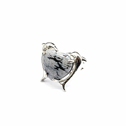 Снежный Обсидиан Регулируемые кольца в форме сердца из натурального снежинки и обсидиана, платиновое латунное кольцо, размер США 8 (18.1 мм)