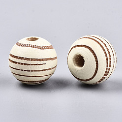 Light Yellow Painted Natural Wood Beads, Laser Engraved Pattern, Round with Zebra-Stripe, Light Yellow, 15.5~16.5x15mm, Hole: 4mm