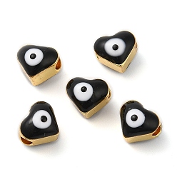 Black Golden Tone Brass Enamel Beads, Cadmium Free & Lead Free, Long-Lasting Plated, Heart with Evil Eye, Black, 6x7x6mm, Hole: 2mm