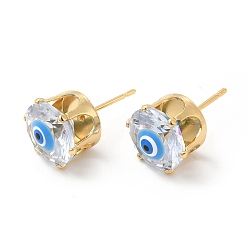 Bleu Ciel Foncé Boucles d'oreilles rondes plates en verre avec mauvais œil en émail, bijoux en laiton plaqué or véritable 18k pour femmes, bleu profond du ciel, 11mm, pin: 0.8 mm