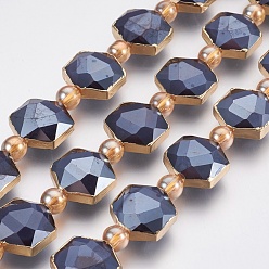 Indigo Electroplate Glass Beads Strands, Faceted, with Golden Tone Brass Edge, Full Plated, Hexagon & Round, Indigo, 15x14~15x7~8mm, Hole: 1mm, about 10pcs/strand, 7.8 inch(20cm)