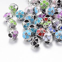 Mixed Color Alloy Enamel European Beads, Large Hole Beads, Rondelle with Flower, Antique Silver, Mixed Color, 9.5x9mm, Hole: 4~4.5mm
