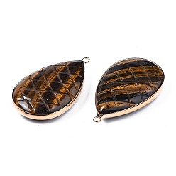 Tiger Eye Natural Tiger Eye Pendants, with Light Gold Plated Brass Findings, Teardrop, 50~51x31~31.5x10mm, Hole: 2mm