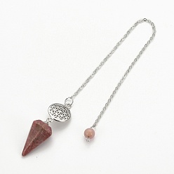 Rhodonite Natural Rhodonite Hexagonal Pointed Dowsing Pendulums, with Platinum Plated Brass Findings, Life of Flower & Cone, 240x2x0.1mm