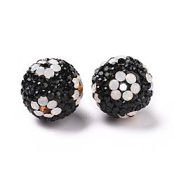 Jet Perles de strass d'argile polymère , perles de boule pave disco , ronde avec des fleurs, jet, 16mm, Trou: 1.6~1.8mm
