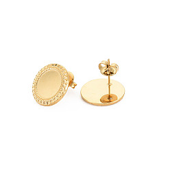 Golden Ion Plating(IP) 304 Stainless Steel Stud Earring Findings, Earring Setting for Enamel, with Ear Nuts, Flat Round, Golden, 15.5mm, Pin: 0.7mm, Tray: 11mm