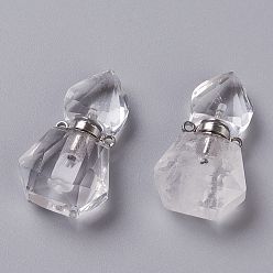 Cristal de Quartz Pendentifs de bouteille de parfum en cristal de quartz naturel hexagonale, cristal de roche, avec 304 accessoires en acier inoxydable, facette, couleur inox, 27~27.5x16~17x8mm, Trou: 1.4mm, capacité: 0.1 ml (0.00 fl. oz)