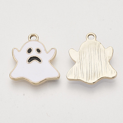 White Light Gold Plated Alloy Pendants, with Enamel, Ghost, Halloween, White, 20.5x18x2.5mm, Hole: 2mm