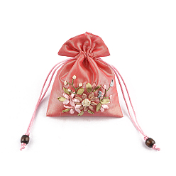 Tomate Bolsas de embalaje de joyas de satén con estampado de flores, bolsas de regalo con cordón, Rectángulo, tomate, 14x10.5 cm