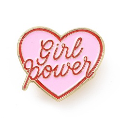 Pink Broche en émail word girl power, broche de féminisme en alliage doré pour vêtements de sac à dos, rose, 27.5x31x2mm, pin: 1.3 mm.