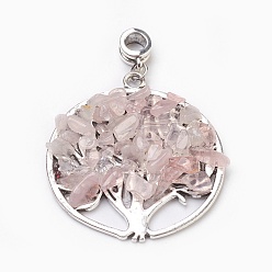 Rose Quartz Natural Rose Quartz European Dangle Charms, Large Hole Pendants, with Antique Silver Plated Alloy Findings, Flat Round with Tree, 54.5mm, Hole: 4.5~5mm, Pendant: about 42.5~43x38.5~39.5x5~6mm