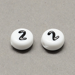 Number White and Black Acrylic , Flat Round with Num.2, 7x4mm, Hole: 1.3mm, about 3600pcs/500g