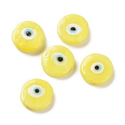 Желтый Ручной зло бусины глаз, плоско-круглые, желтые, 17~17.5x4 мм, отверстие : 1.2 мм