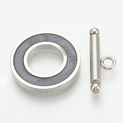 Gray 201 Stainless Steel Toggle Clasps, with Enamel, Ring, Gray, Ring: 19.5x2mm, Inner Diameter: 10mm, Bar: 21x7x3mm, Hole: 2mm