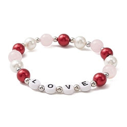 Rouge Bracelet extensible en perles de coquillage, quartz rose et perles acryliques, bracelet mot amour pour la Saint Valentin, rouge, diamètre intérieur: 2 pouce (5.2 cm)
