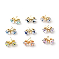 Mixed Color Flat Round Glass with Enamel Evil Eye Stud Earrings, Real 18K Gold Plated Brass Jewelry for Women, Mixed Color, 11mm, Pin: 0.8mm