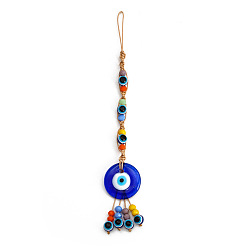 Royal Blue Flat Round with Evil Eye Glass Pendant Decorations, Polyester Braided Hanging Ornament, Royal Blue, 190mm