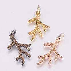 Mixed Color Brass Micro Pave Cubic Zirconia Pendants, Branch, Mixed Color, 37~38x23x3mm, Hole: 3x5mm
