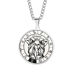 Gemini Unisex 201 Stainless Steel Constellation Pendant Necklaces, with Curb Chains, Laser Engraved Pattern, Flat Round, Gemini, 13.19 inch(335mm) 