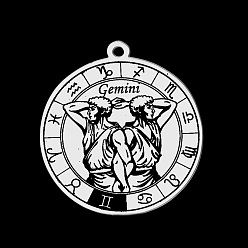Gemini 201 Stainless Steel Pendants, Laser Engraved Pattern, Flat Round with Constellation, Gemini, 33x30x1mm, Hole: 2mm