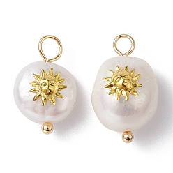 Sun Natural Pearl Pendants, Potato Charms with Golden Plated Brass Slice, Sun, 16~19x10~11x7.5~10mm, Hole: 3mm
