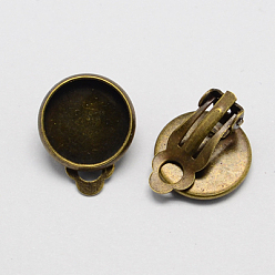 Antique Bronze Iron Clip-on Earring Settings, for Non-pierced Ears, Flat Round, Nickel Free, Antique Bronze, 9x14mm, Tray:10x10mm