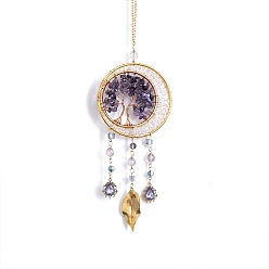 Amethyst Tree of Life Natural Amethyst Chips & Glass Suncatchers, Hanging Pendant Decorations with Golden Metal Findings, 360mm