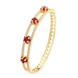 Red Cubic Zirconia Star Hinged Bangle, Real 18K Gold Plated Brass Jewelry for Women, Red, Inner Diameter: 2x2-3/8 inch(5.2x6cm)