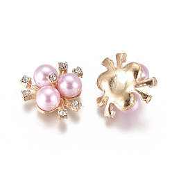 Pink Cabochons de aleación, con diamantes de imitación de cristal y perlas de imitación acrílicas, flor, la luz de oro, rosa, 19~20x21~22x10 mm