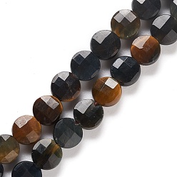 Tiger Eye Natural Blue Tiger Eye Beads Strands, Dyed, Faceted, Flat Round, 6x3~3.5mm, Hole: 1mm, about 75pcs/strand, 15.39''(39.1cm)