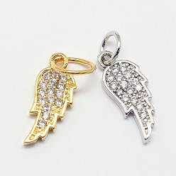 Mixed Color CZ Brass Micro Pave Cubic Zirconia Wing Charms, Mixed Color, 15x6x2mm, Hole: 4mm