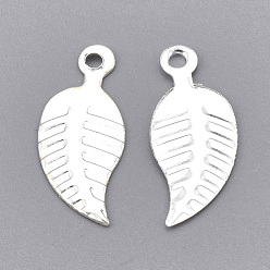 Silver Iron Charms, Nickel Free, Leaf, Silver Color Plated, 14x6x0.5mm, Hole: 1mm