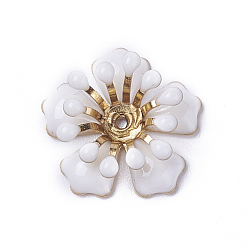 White Brass Bead Caps, with Enamel, Flower, Golden, White, 15~15.5x7.5mm, Hole: 1mm, Inner Diameter: 4mm