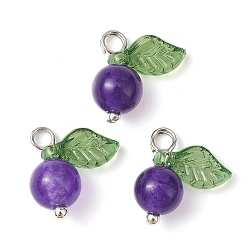 Indigo Natural Dyed Malaysia Jade Fruit Charms, with Acrylic Leaf and Platinum Plated Brass Loops, Indigo, 13x12x6mm, Hole: 2mm