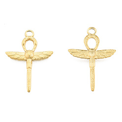 Real 18K Gold Plated Ion Plating(IP) 201 Stainless Steel Pendants, Ankh Cross with Wing, Real 18K Gold Plated, 30.5x21.5x2.5mm, Hole: 2.5mm