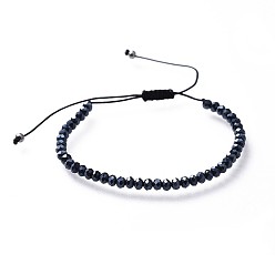 Prussian Blue Adjustable Electroplate Glass Braided Bead Bracelets, with Nylon Thread and 304 Stainless Steel Spacer Beads, Prussian Blue, 1-5/8 inch~3 inch(4.1~7.8cm)
