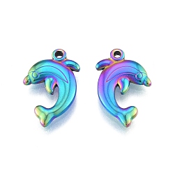 Rainbow Color Ion Plating(IP) 304 Stainless Steel Pendant, Dolphin Charms, Rainbow Color, 22.5x14x3mm, Hole: 1.6mm
