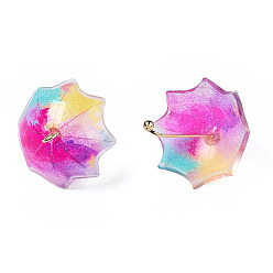 Colorful Printed Acrylic Pendants, with Golden Plated Brass Findings, 3D Umbrella with Flower Pattern, Colorful, 22~24x18x18mm, Hole: 1.2~1.8mm