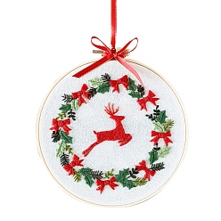 Deer Christmas Themed DIY Embroidery Cup Mat Sets, Including Imitation Bamboo Embroidery Frame, Iron Pins, Embroidered Cloth, Cotton Colorful Embroidery Threads, Reindeer Pattern, 30x30x0.05cm