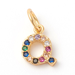 Letter Q Brass Micro Pave Colorful Cubic Zirconia Charms, Golden, Letter.Q, 8.5x7x2mm, Hole: 3mm