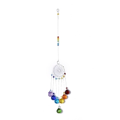 Platine Cristal lustre suncatchers prismes chakra pendentif suspendu, avec chaînes et maillons en fer, perles de verre et strass, fleur, platine, 445mm