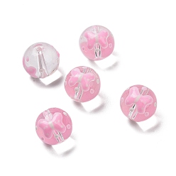 Pink Brins de perles en verre émaillé faits à la main, ronde avec bowknot, rose, 13x12mm, Trou: 1.2mm, Environ 30 pcs/chapelet