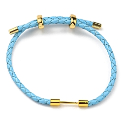Bleu Ciel Clair Bracelet à maillons colonne en laiton avec cordons en cuir, bracelet réglable pour femme, lumière bleu ciel, diamètre intérieur: 5/8~3 pouce (1.6~7.5 cm)